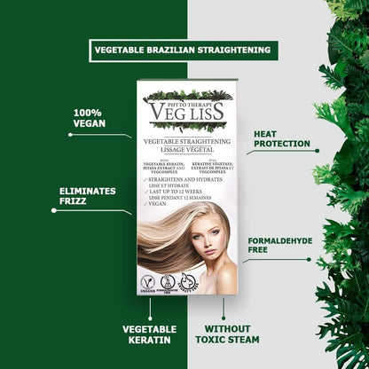 VegLiss Alisado Brasileño Vegetal, Kit Alisado con Champu Remineralizante PreTratamiento 30 ml, Tratamiento Alisador 120 ml, Sistema Anti-Amarillo, Libre de Silicona, Sulfatos y Parabenos