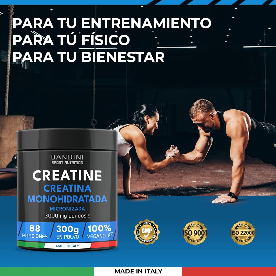 Bandini® Creatina Micronizada en Polvo - Monohidrato 100% Puro - Sin Sabor, Vegana, 88 Porciones (300g) - Rendimiento y Potencia Muscular