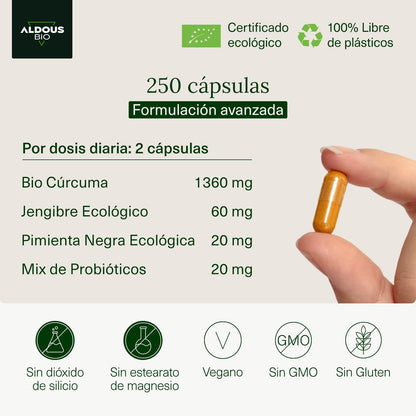 250 Cápsulas PROBIÓTICOS + BIO Cúrcuma con Jengibre y Pimienta Negra | 1460mg | con Curcumina y Piperina | Antiinflamatorio Natural | Fórmula Avanzada | Certificación Ecológica