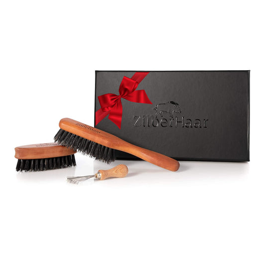 ZilberHaar Beard Care Kit - 1 Beard Brush + 1 Pocket Brush + 1 Cleaning Attachment - 100% Soft Second Cut Real Boar Bristles - Gift Set for Men