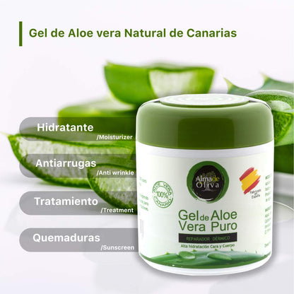 Gel Aloe vera 100% de Canarias crema hidratante natural 500 ml para la piel irritada por el depilado y afeitado/Quemaduras solares y picadura de insectos. Uso Facial y Corporal