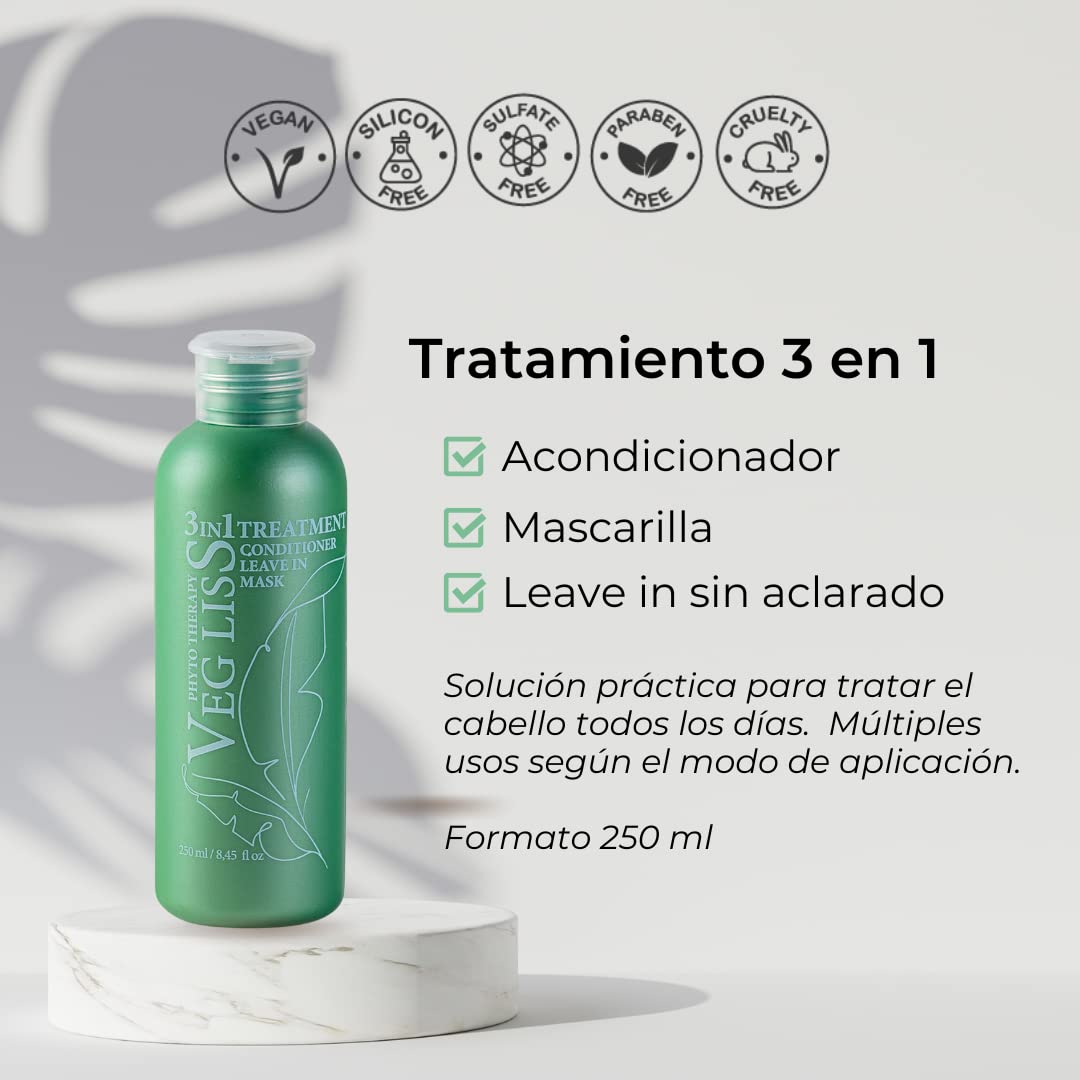 VegLiss Kit Post Alisado Brasileño - Pack Hidratante de Cabello, Cuida el Alisado de Keratina y Repara el Cabello Dañado - Champú y Tratamiento Vegano 3 en 1 Sin Sulfatos ni Parabenos