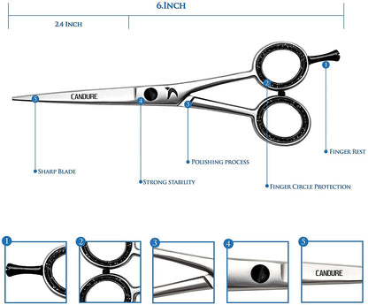 Candure Tijeras de Peluqueria Profesional - Tijeras de Peluquero Acero Inoxidable Tijera Barbero para Corte de Pelo 6 Pulgadas