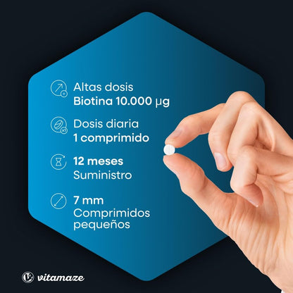 Biotina 10.000 mcg Zinc y Selenio (1 Año) - Biotina para Cabello Piel y Uñas - Crecimiento del Cabello y Anticaída - Vitaminas para Pelo y Uñas Fuertes - Sin aditivos, Vitamaze