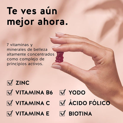 Bears with Benefits Ositos de gominola con altas dosis de biotina - Vitaminas capilares para el crecimiento y cuidado normal del cabello - 5000μg Biotina y Zinc - 60 unidades - Vegano - Sin azúcar