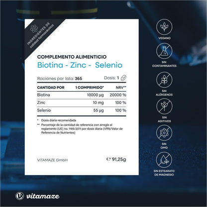 Biotina 10.000 mcg Zinc y Selenio (1 Año) - Biotina para Cabello Piel y Uñas - Crecimiento del Cabello y Anticaída - Vitaminas para Pelo y Uñas Fuertes - Sin aditivos, Vitamaze