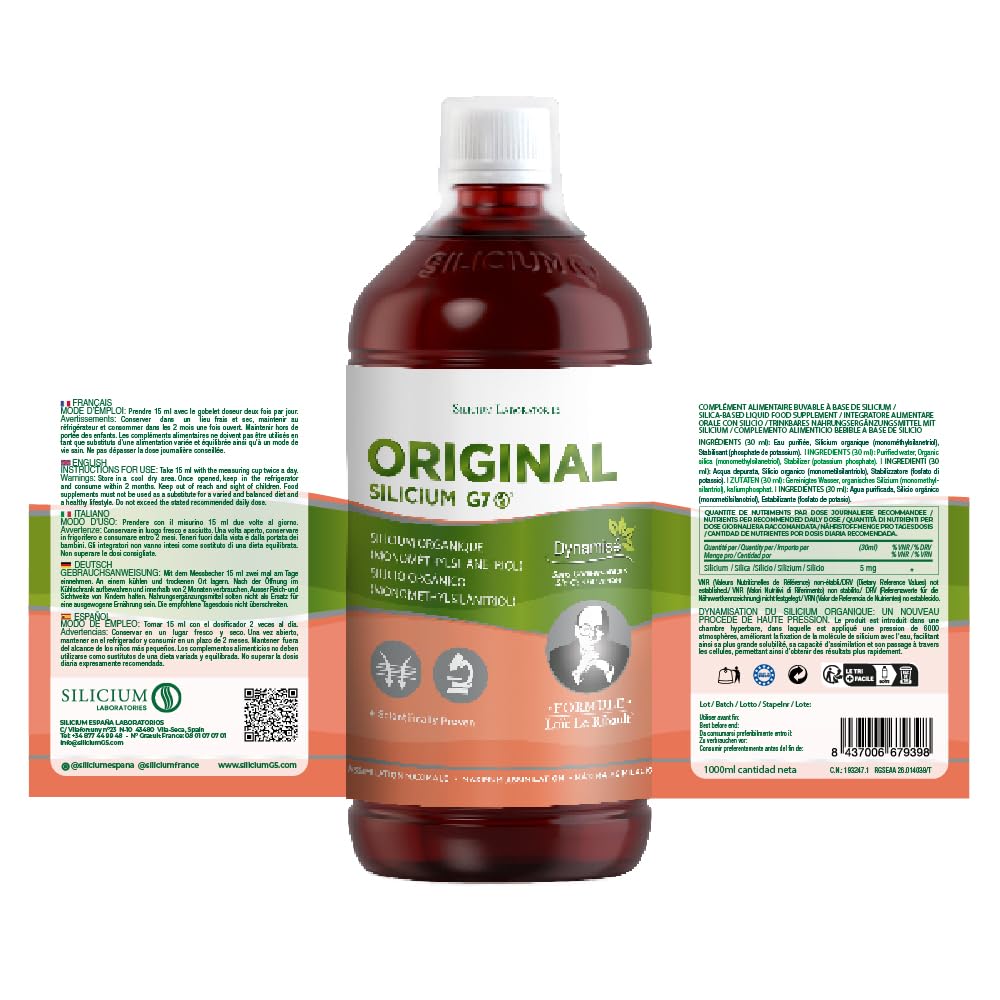 G7 Original. Fórmula Mejorada. Suplemento De Silicio Líquido Vegano Que Favorece La Producción De Colágeno. Refuerza Huesos Y Articulaciones Y Aumenta Elasticidad De La Piel. 1 Litro.