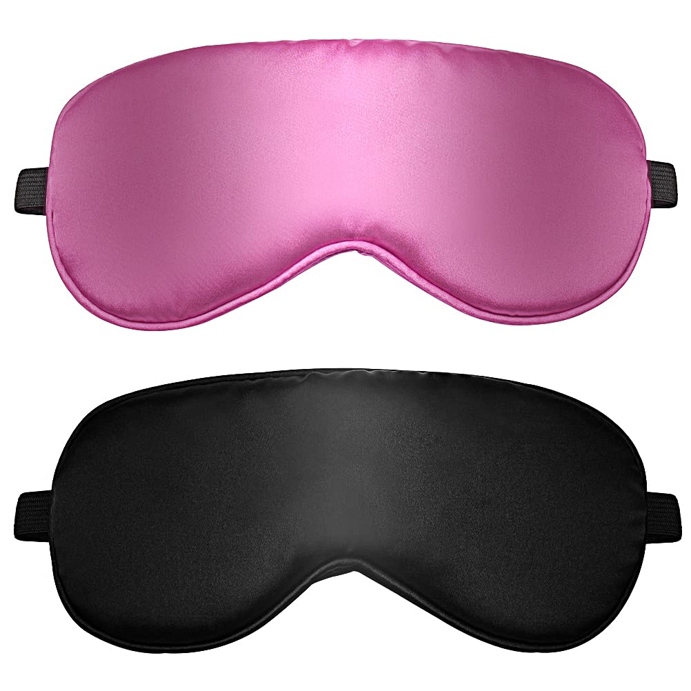 2 Pieces Sleep Mask, Ultra-Soft Silk Sleep Mask with Adjustable Elastic Strap, Sleeping Eye Mask for Men, Women and Children (Black, Pink)