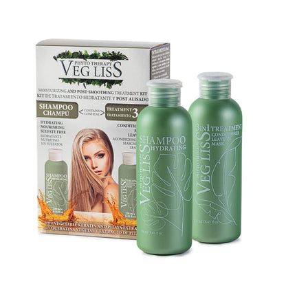 VegLiss Kit Post Alisado Brasileño - Pack Hidratante de Cabello, Cuida el Alisado de Keratina y Repara el Cabello Dañado - Champú y Tratamiento Vegano 3 en 1 Sin Sulfatos ni Parabenos