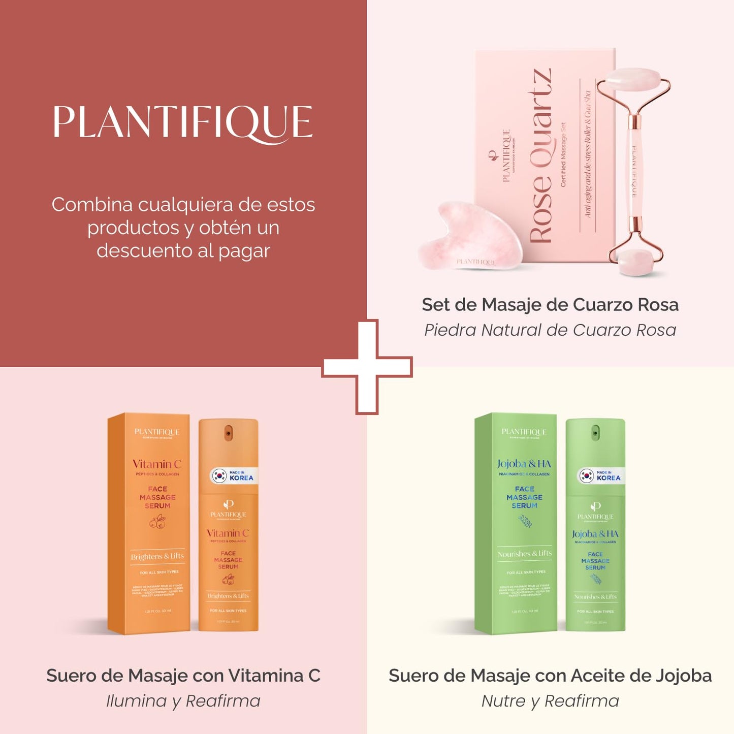 Plantifique Rodillo y Gua Sha de Cuarzo Rosa - Masajeador Facial