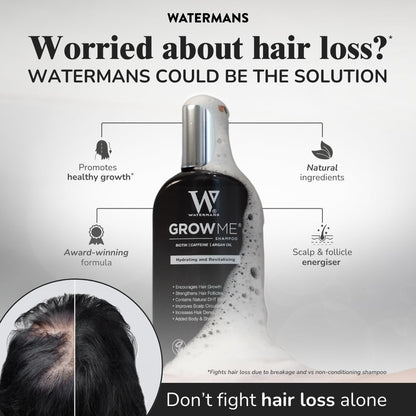 Watermans Grow Me - Champú para el crecimiento del cabello, Champú que bloquea la caída del cabello DHT, Fortalecimiento del cabello, Hecho en UK