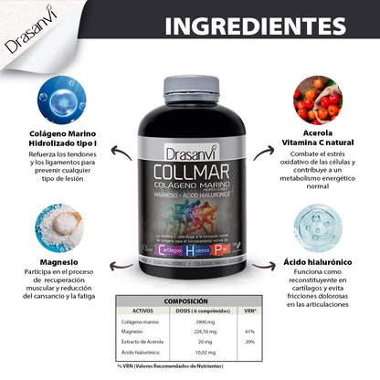 Drasanvi COLLMAR Hydrolyzed Marine Collagen with Hyaluronic Acid, Magnesium, Natural Vitamin C | for cartilage, bones and skin | High dose 3,900 mg/day | 180 tablets = 30 days | Vanilla flavor