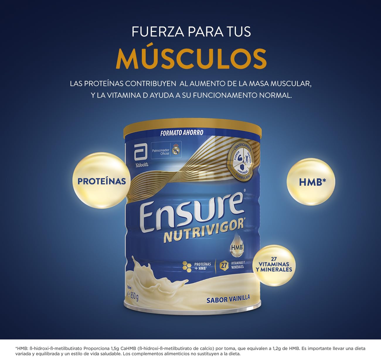 Ensure Nutrivigor - Complemento Alimenticio para Adultos, con HMB, Proteínas, Vitaminas y Minerales, como el Calcio- Sabor Vainilla- 850 g