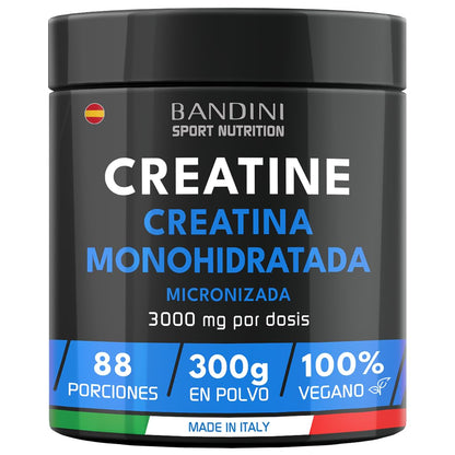 Bandini® Creatina Micronizada en Polvo - Monohidrato 100% Puro - Sin Sabor, Vegana, 88 Porciones (300g) - Rendimiento y Potencia Muscular