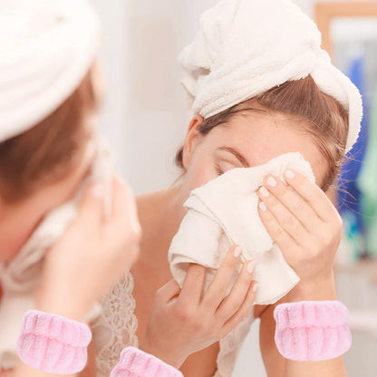 KEYRI 6 Piezas Diademas Faciales y Muñequeras de Spa para Maquillaje y Lavar Cara Banda Muñequeras de Lavado Elásticas para Ducha Deporte Yoga (Rosa, Gris)