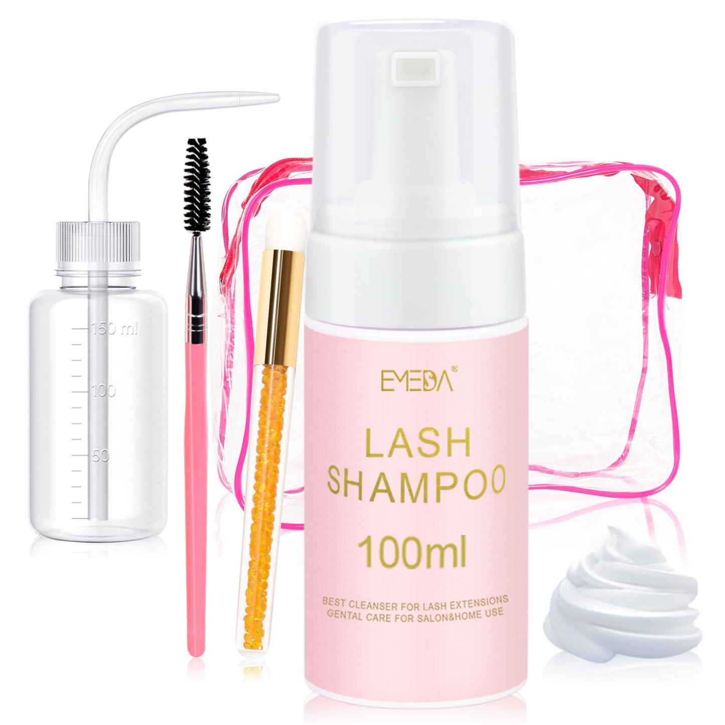 EMEDA 100ML Eyelash Shampoo with Brush and Rinse Bottle Foaming Shampoo Kit for Eyelash Extensions Lash Foam Cleanser for Salon and Home Use Oil-Free