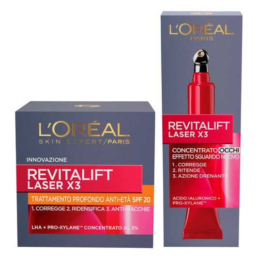 L'Oréal Paris Revitalift Laser X3 - Deep anti-aging treatment SPF20 with hyaluronic acid and Pro-Xylane + Revitalift Laser X3, concentrated anti-wrinkle eye contour cream with Pro-Xylane