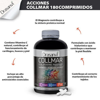 Drasanvi COLLMAR Hydrolyzed Marine Collagen with Hyaluronic Acid, Magnesium, Natural Vitamin C | for cartilage, bones and skin | High dose 3,900 mg/day | 180 tablets = 30 days | Vanilla flavor