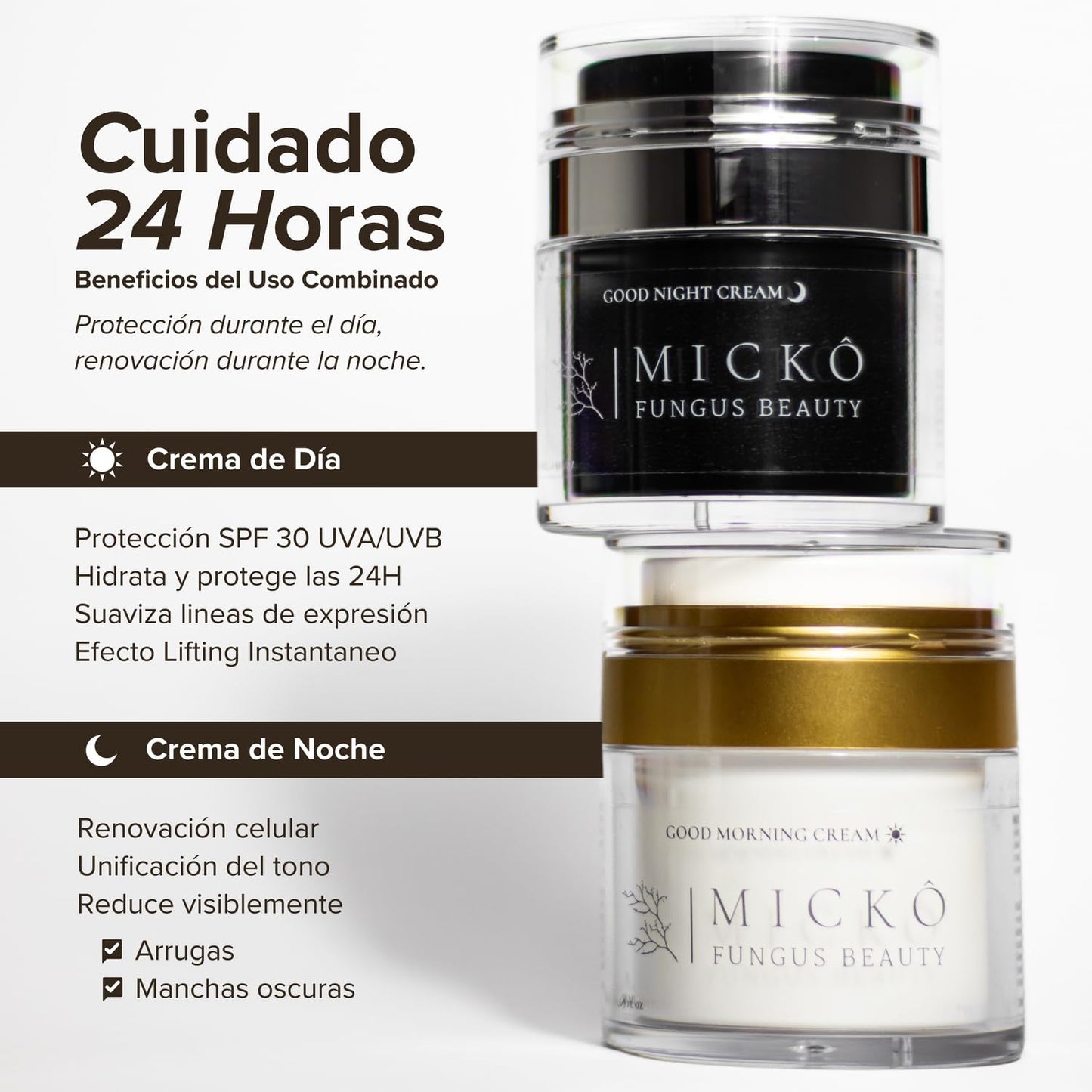 Pack crema día y noche Mickô - antimanchas, antiarrugas y antioxidante con retinol, ácido kójico, niacinamida y hongos medicinales para hidratación profunda y protección SPF30 UVA/UVB, vegano, 50 ml