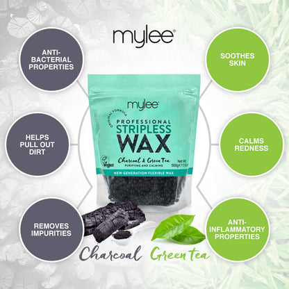 Mylee Kit de depilación profesional completo con calentador de cera, cuentas de cera dura 500 g, espátula aplicadora, gel pre y después del cuidado, limpiador de equipos (carbón y té verde)