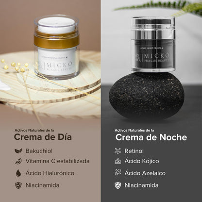 Pack crema día y noche Mickô - antimanchas, antiarrugas y antioxidante con retinol, ácido kójico, niacinamida y hongos medicinales para hidratación profunda y protección SPF30 UVA/UVB, vegano, 50 ml