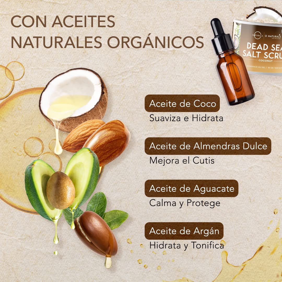 O Naturals Exfoliante de Aceite de Coco y Sal del Mar Muerto, Limpieza Profunda de Cara Cuerpo y Pies. Trata la Piel Grasa, Pelo Encarnado y Piel Muerta. Aceites Esenciales 500gr