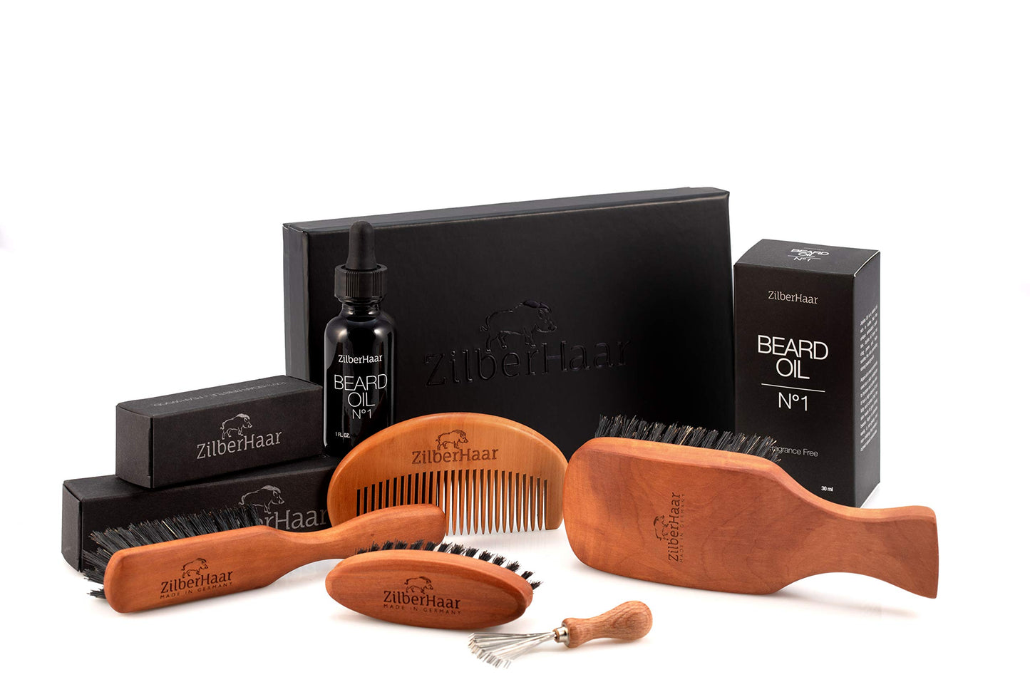 ZilberHaar - Kit de cuidado de la barba - 1 cepillo para barba + 1 cepillo de bolsillo + 1 accesorio de limpieza - 100% cerdas de jabalí auténtico suave de segundo corte - Set de regalo para hombres