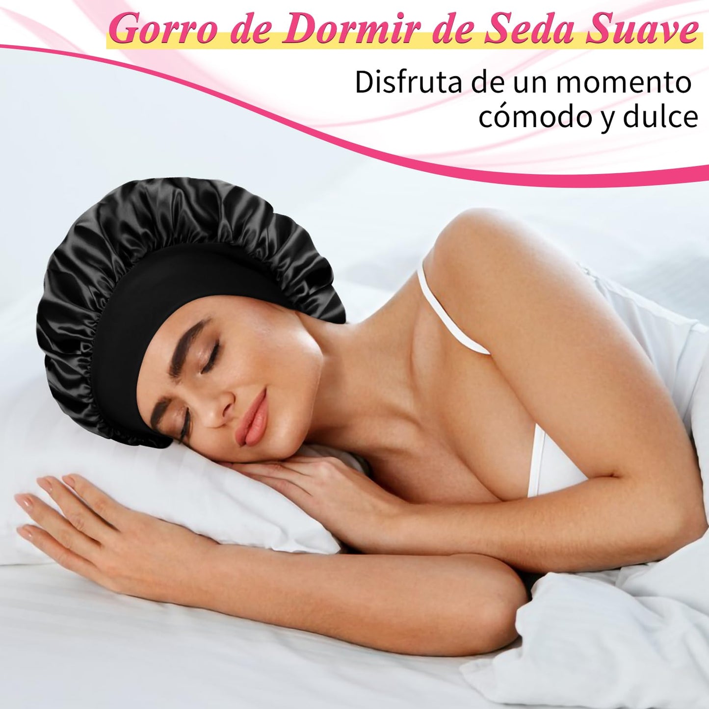 2 Piezas Gorro de Satén para Dormir - Ajustable y Antifrizz con Banda Ancha (Negro, Rojo)