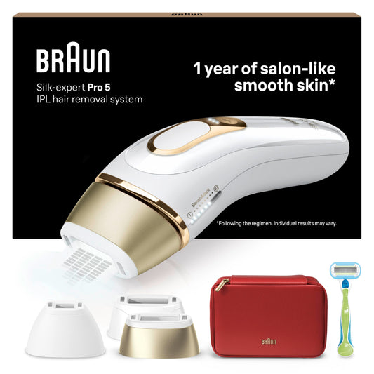 Braun Luz Pulsada Silk-expert Pro 5 PL5262 IPL, Eliminación Del Vello En Casa, Alternativa Para Depilación Láser, Con Funda, Maquinilla Venus, 3 Cabezales, Regalo Para Mujer, Blanca/Dorada