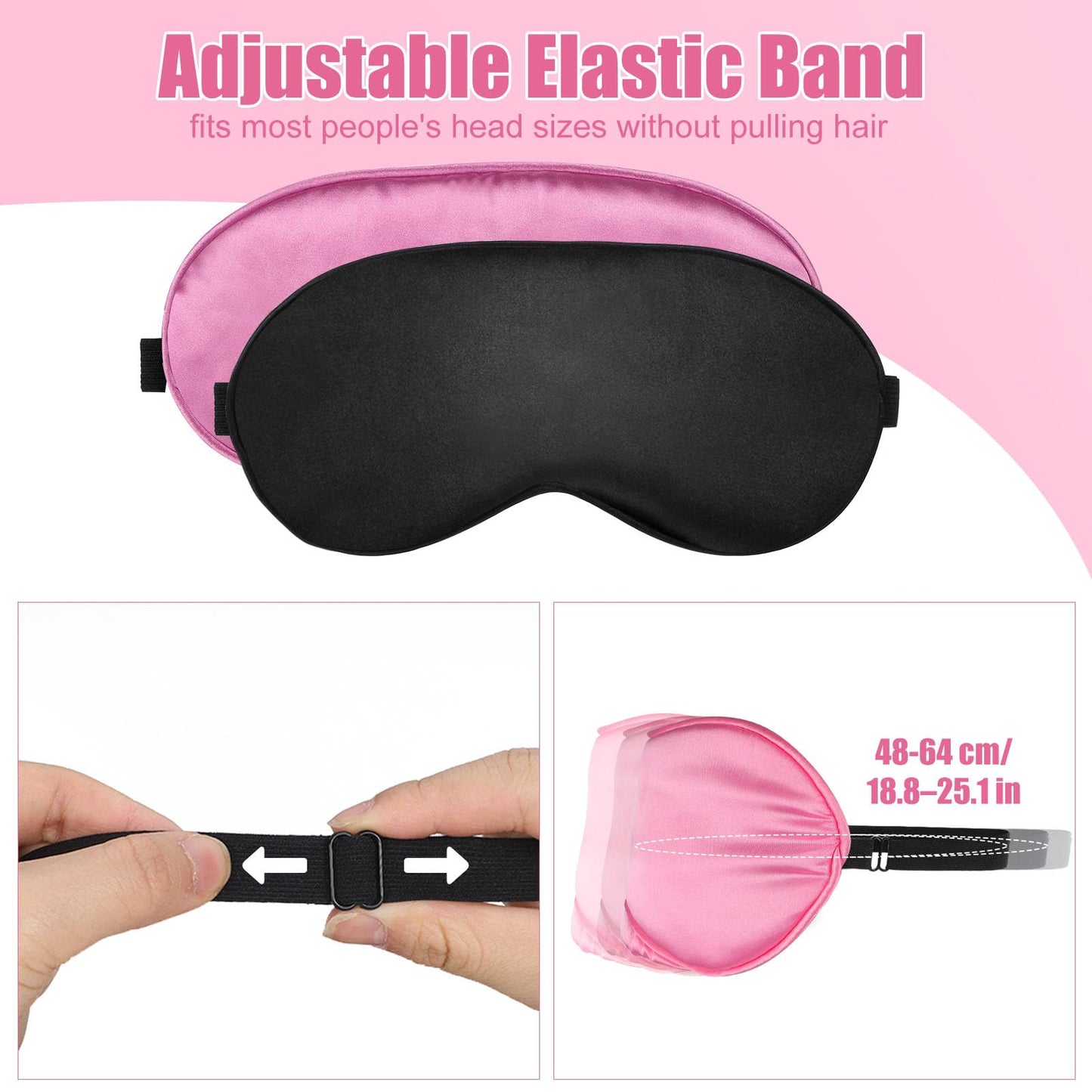 2 Pieces Sleep Mask, Ultra-Soft Silk Sleep Mask with Adjustable Elastic Strap, Sleeping Eye Mask for Men, Women and Children (Black, Pink)