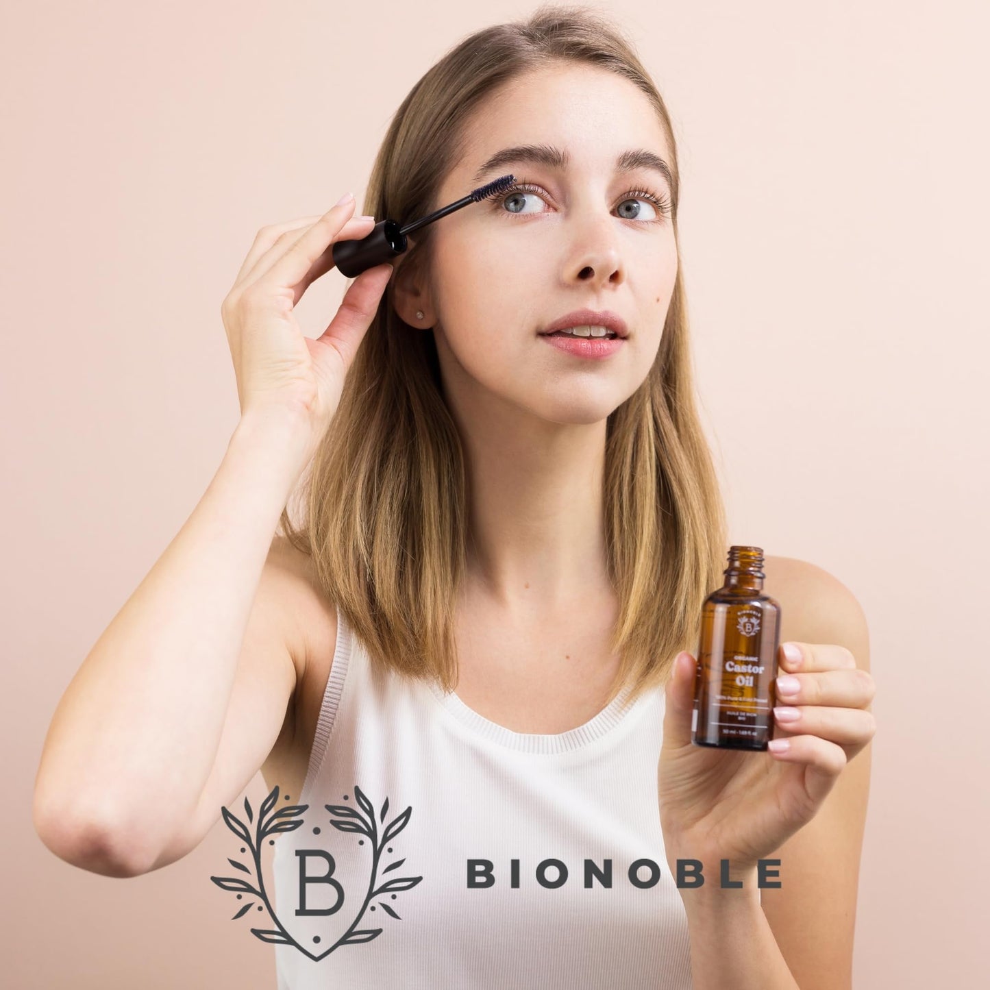 Bionoble Organic Castor Oil 50ml - 100% Pure &amp; Cold Pressed - Eyelashes, Eyebrows, Body, Hair, Beard, Nails - Glass Bottle + Pipette + Pump + Mascara Kit