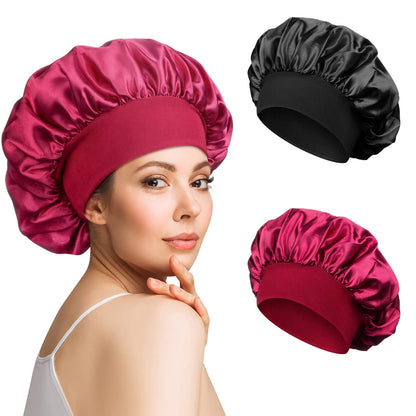 2 Piezas Gorro de Satén para Dormir - Ajustable y Antifrizz con Banda Ancha (Negro, Rojo)