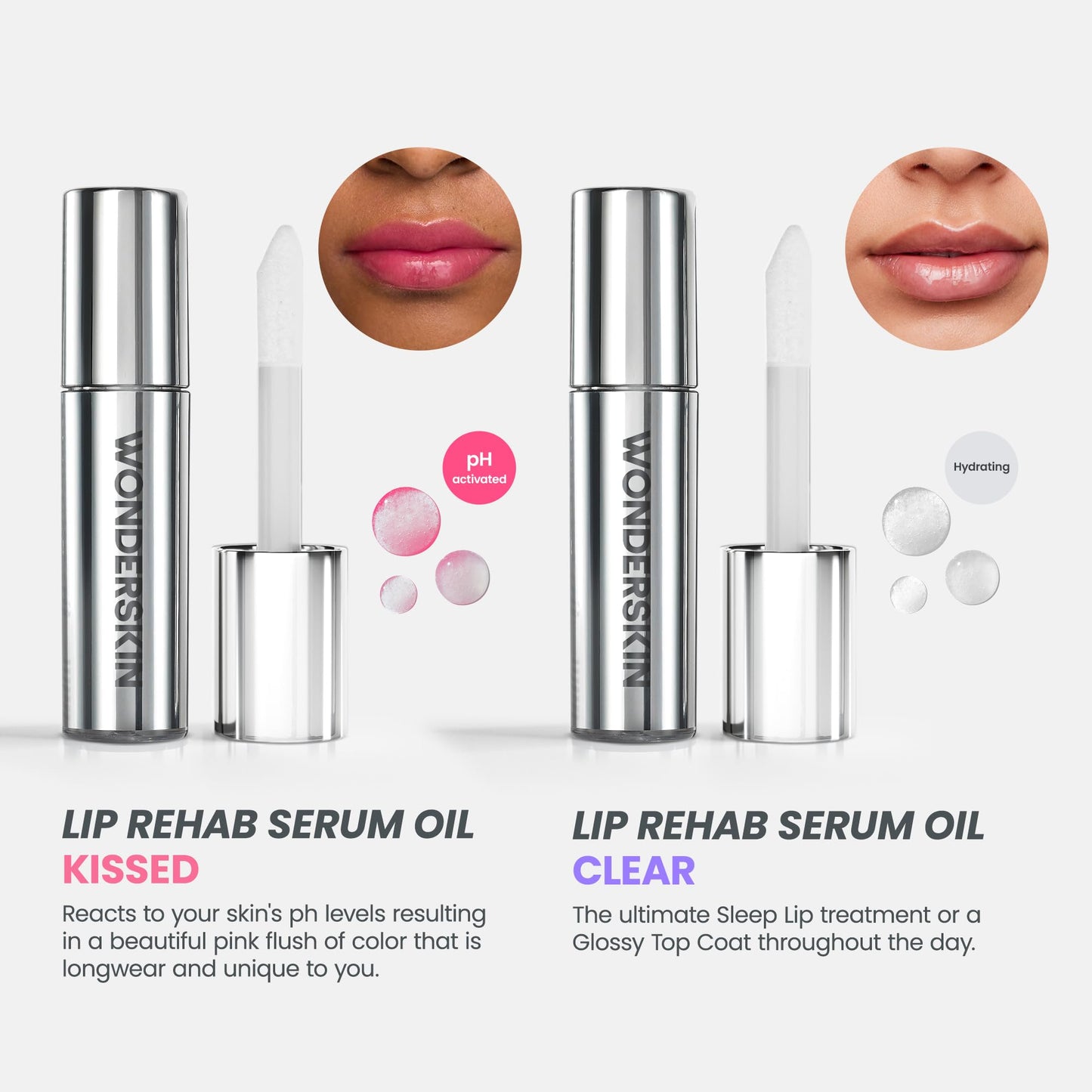 Wonderskin Lip Rehab Serum Oil - Aceite labial que cambia de color de transparente a rosa - Aceite labial con PH activado, no pegajoso e hidratante para labios secos (Kissed)