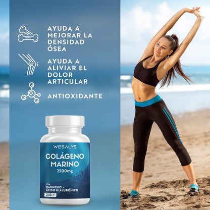 Colágeno Marino Hidrolizado 2500mg con Magnesio y Ácido Hialurónico | 240 Cápsulas | con Vitamina C natural, para cartílagos, huesos y piel | Alta dosis, Péptidos de Colágeno Marino Puro