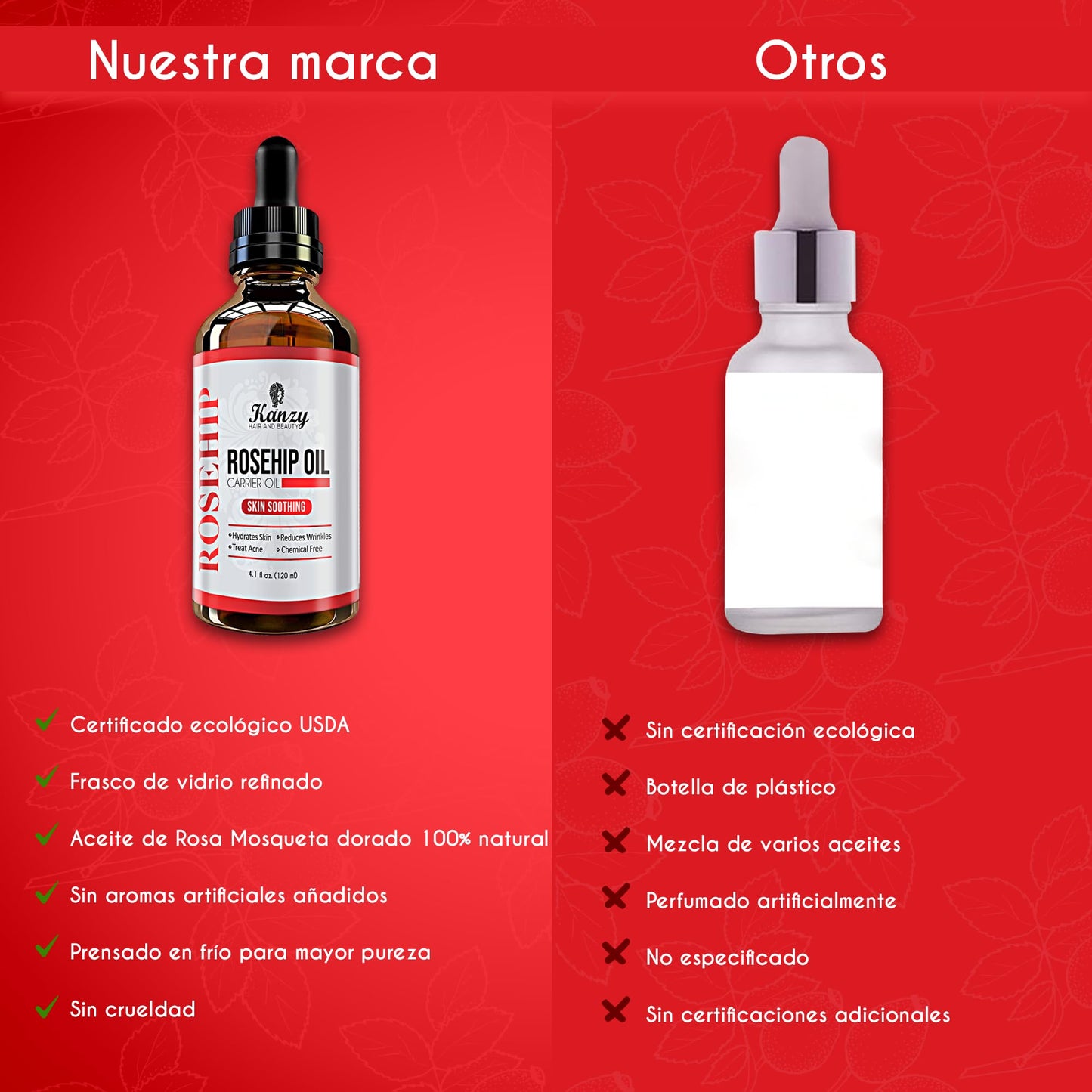 Kanzy Aceite de Rosa Mosqueta Puro 100% 120ml Orgánico Prensado en Frío Bio sin Refinar Rosa Mosqueta para Cicatrices y Estrías, usado como Hidratante para Cuerpo y Piel