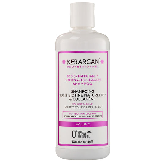 Kerargan - Champú Voluminizador con Biotina & Colágeno - Para Cabellos Planos, Finos, Apagados - Fortificante, Brillante, Hidratante - Sin Sulfato, GMO, Silicona, Aceite Mineral - 500ml