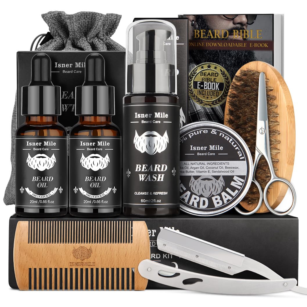 Kit Barba Cuidado Para Hombre, Kits en Cuidados Post-depilación y Afeitado Con Aceite Barba Hombre, Champú Barba, Bálsamo, Cepillo, Peine Barba, Tijeras, Regalos para Hombre Papá Padres