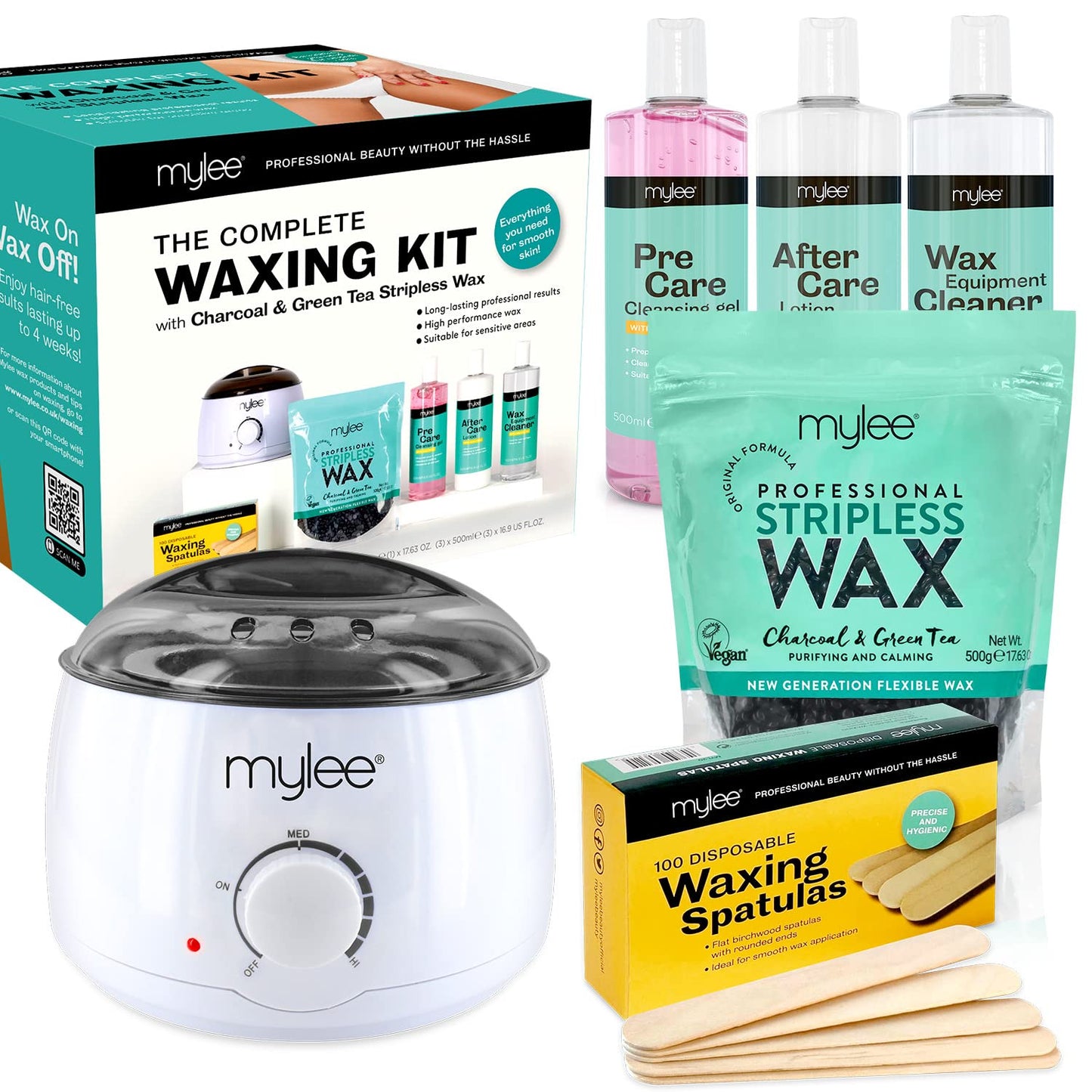 Mylee Kit de depilación profesional completo con calentador de cera, cuentas de cera dura 500 g, espátula aplicadora, gel pre y después del cuidado, limpiador de equipos (carbón y té verde)