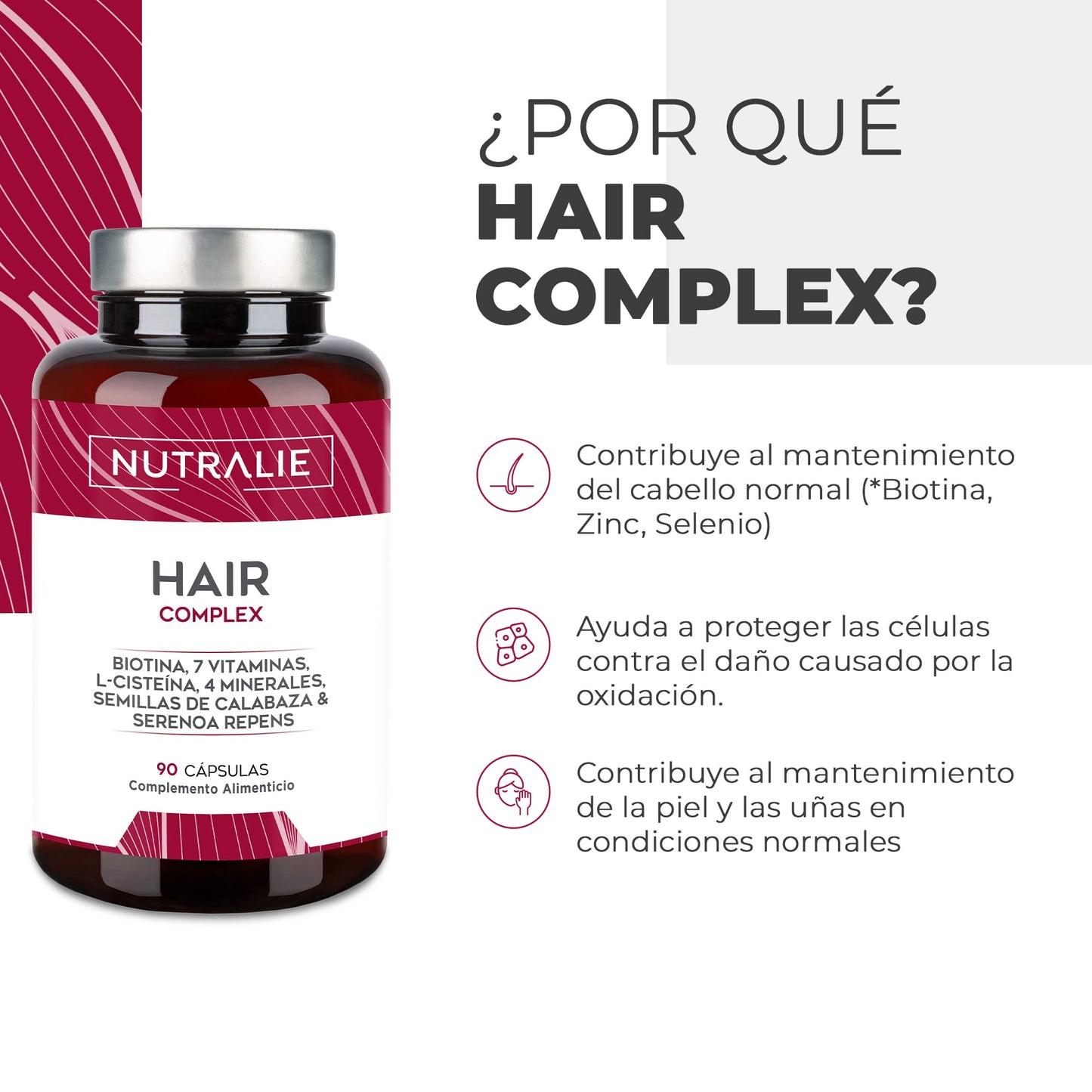 VITAMINAS PARA EL CABELLO - Crecimiento y Anticaida Cabello [PREMIO 2022] Biotina + Zinc + L-Cisteina - Mujer Hombre - Vitaminas Pelo Vegano - Hair Complex - 90 Cápsulas Nutralie