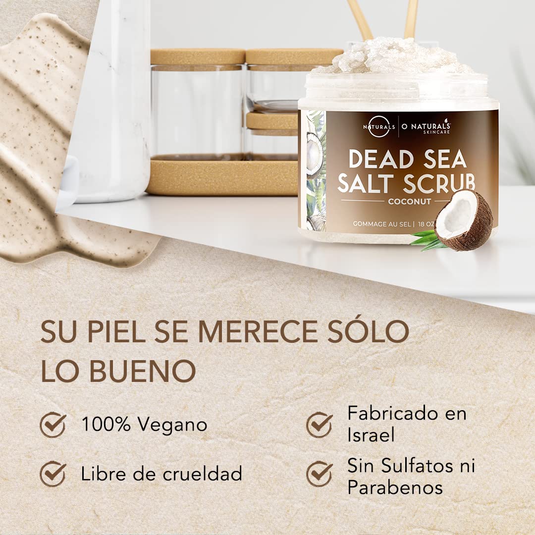 O Naturals Exfoliante de Aceite de Coco y Sal del Mar Muerto, Limpieza Profunda de Cara Cuerpo y Pies. Trata la Piel Grasa, Pelo Encarnado y Piel Muerta. Aceites Esenciales 500gr