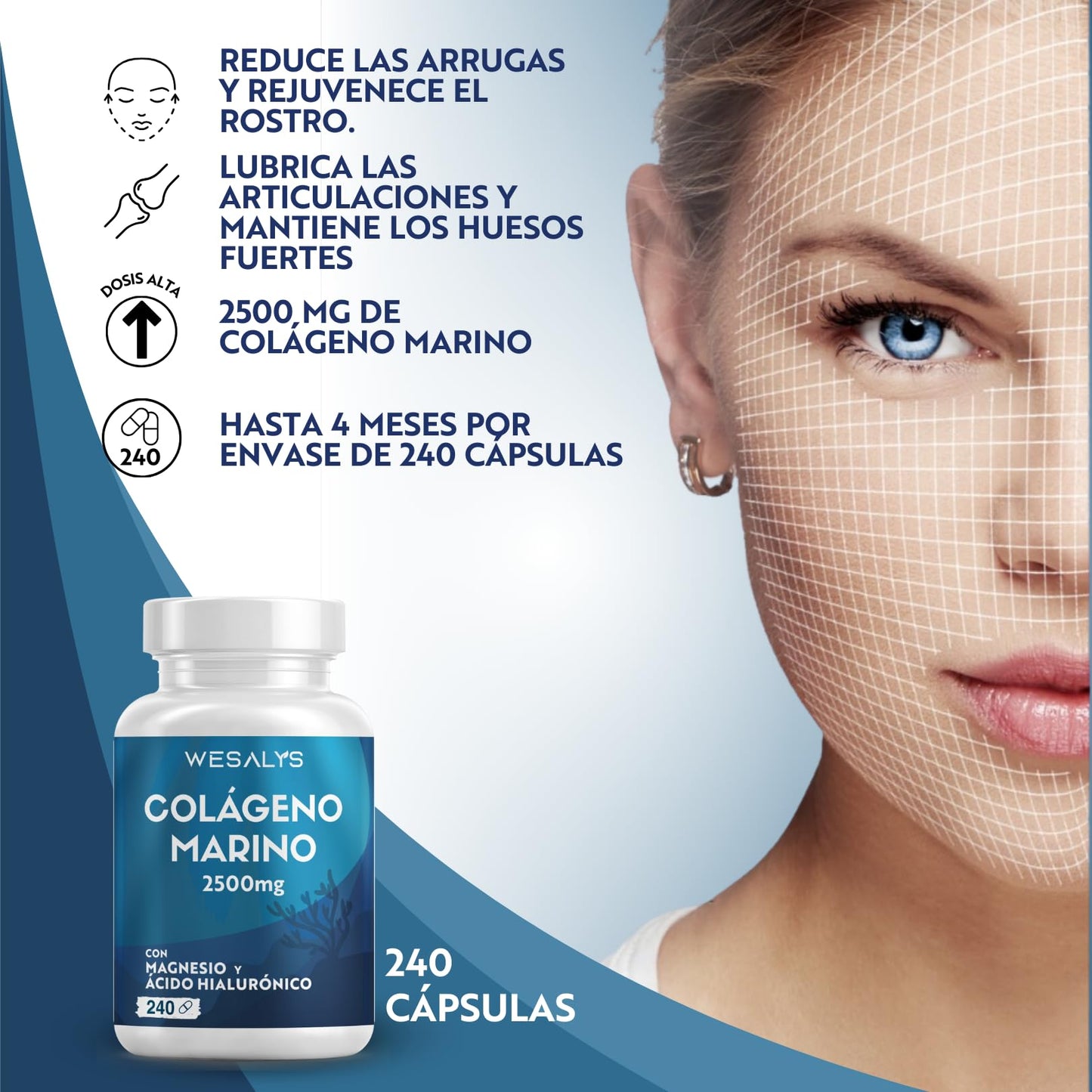 Colágeno Marino Hidrolizado 2500mg con Magnesio y Ácido Hialurónico | 240 Cápsulas | con Vitamina C natural, para cartílagos, huesos y piel | Alta dosis, Péptidos de Colágeno Marino Puro