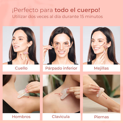 Plantifique Rodillo y Gua Sha de Cuarzo Rosa - Masajeador Facial