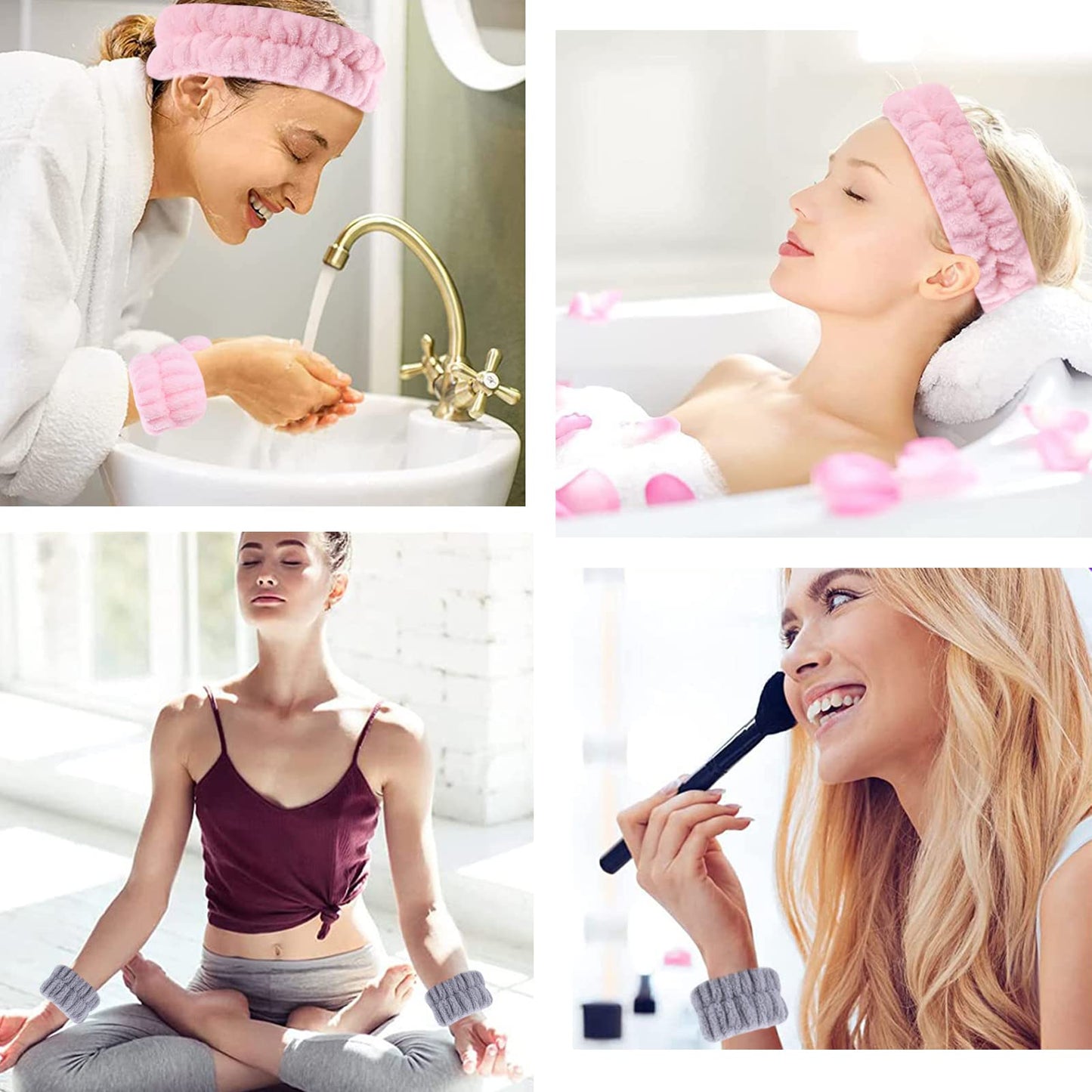 KEYRI 6 Piezas Diademas Faciales y Muñequeras de Spa para Maquillaje y Lavar Cara Banda Muñequeras de Lavado Elásticas para Ducha Deporte Yoga (Rosa, Gris)