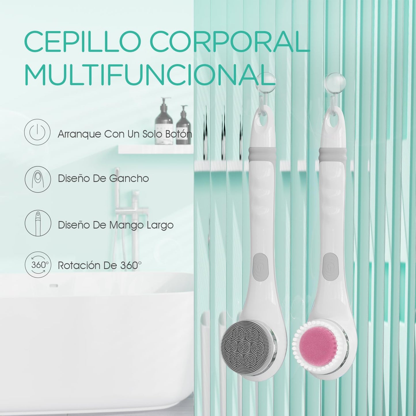 VOYOR Cepillo Espalda Ducha Cepillo Corporal 4 en 1 Electrico Recargable Cepillo Baño Espalda con Mango Largo para Exfoliante, Limpieza De La Piel, Masaje BC100 (Gris)