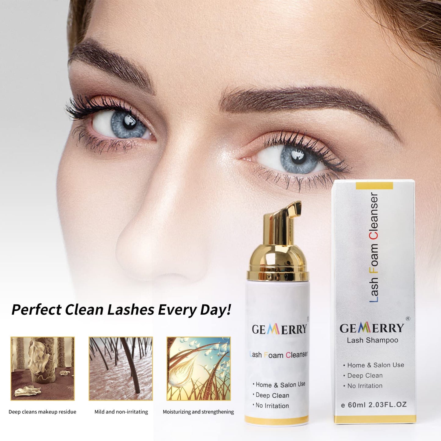 GEMERRY 60ml Eyelash Extension Foam Cleanser Professional Cleanser with Cleaning Brush Removes Makeup Residue and Mascara for Daily Use