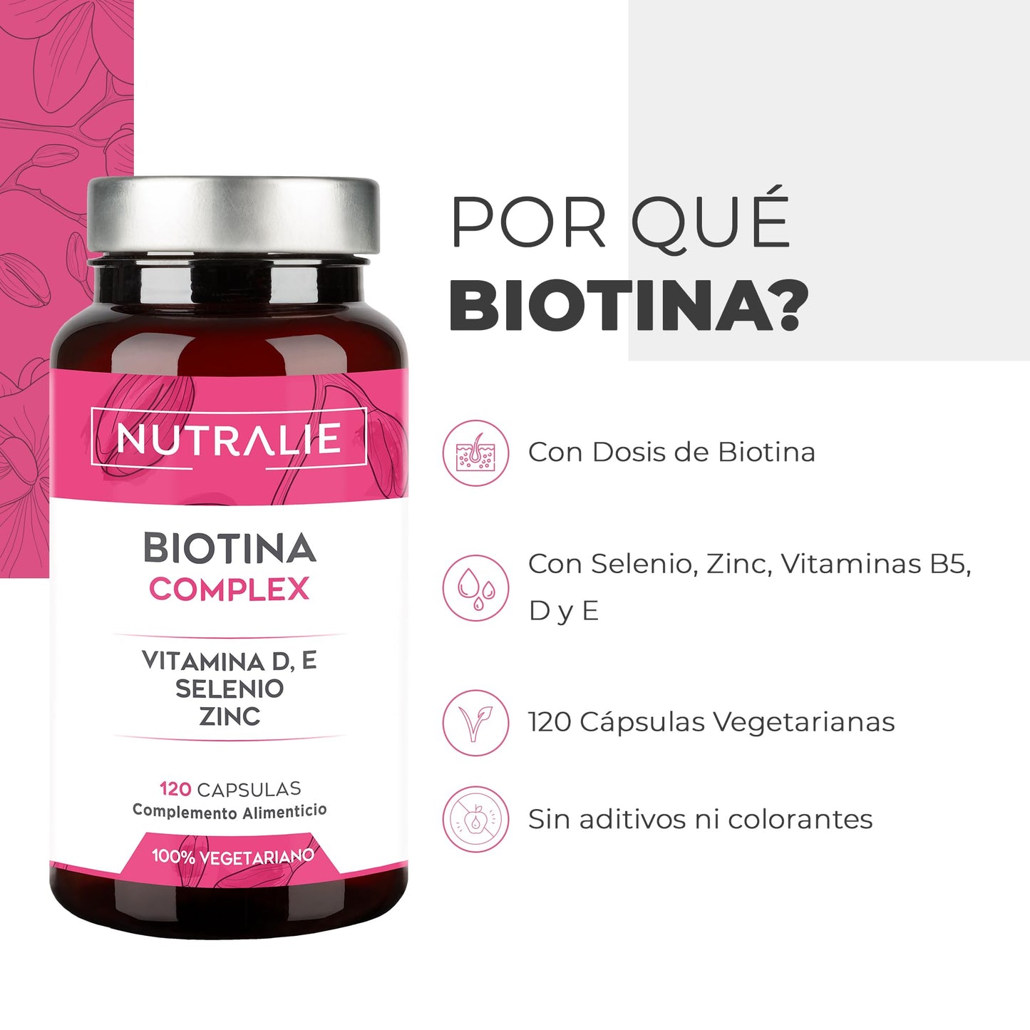 Biotina para el Cabello 10000mcg - Crecimiento Cabello Piel Uñas - Zinc + Selenio + Vitaminas E D para el Pelo - Con Vitamina E, D, Zinc y Selenio - 120 Cásulas 100% Vegetarianas Nutralie