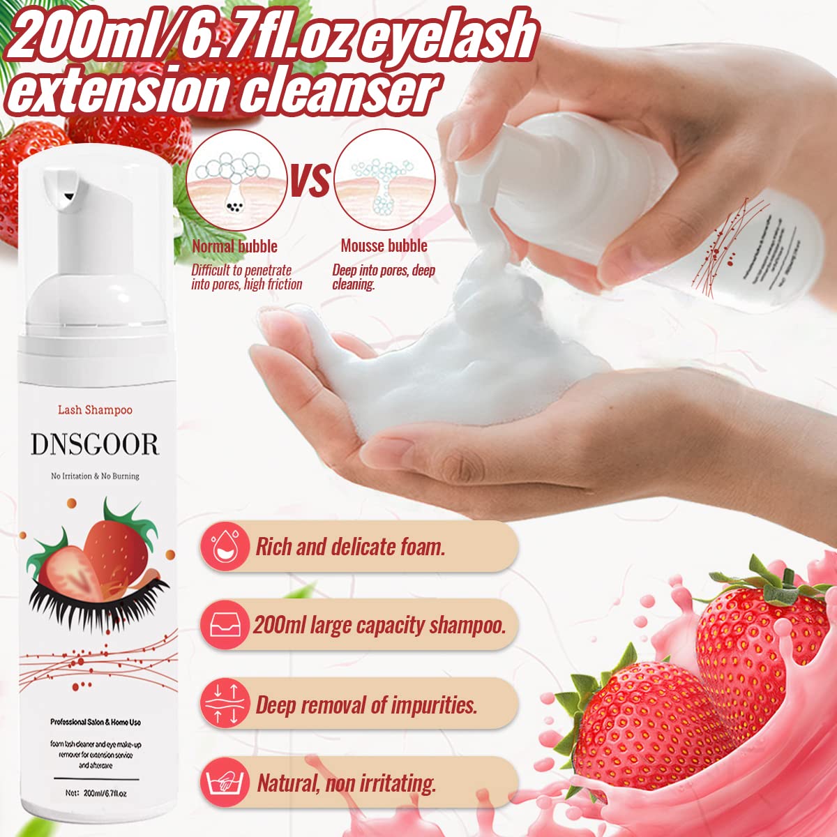 200ml/6.7fl.oz Eyelash Cleanser Shampoo Lash Extension USB Fan Dryer Shampoo Brush Mascara Brush Pad Makeup Remover Wash Bottle Micro Brushes Applicators