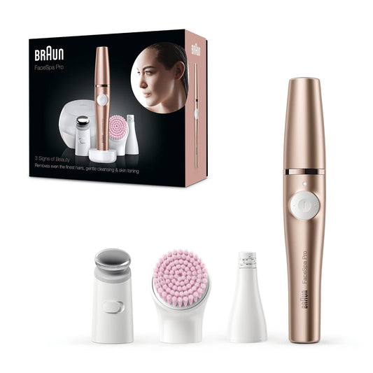 Braun FaceSpa Pro Depiladora Eléctrica Facial Mujer Todo en 1 con Cepillo de Limpieza, Base de Carga, Funda Portátil, Inalámbrica, 921, Bronce