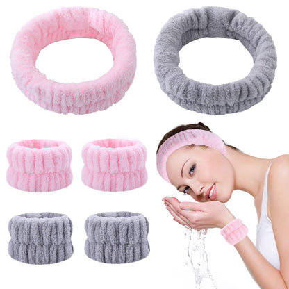 KEYRI 6 Piezas Diademas Faciales y Muñequeras de Spa para Maquillaje y Lavar Cara Banda Muñequeras de Lavado Elásticas para Ducha Deporte Yoga (Rosa, Gris)