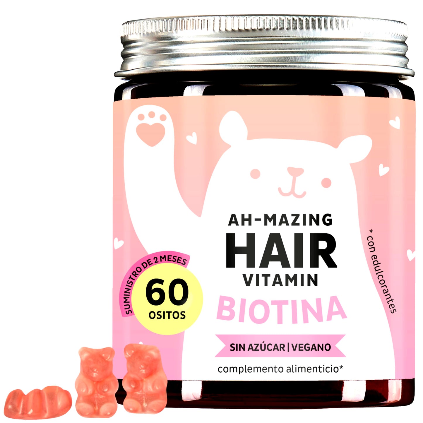 Bears with Benefits Ositos de gominola con altas dosis de biotina - Vitaminas capilares para el crecimiento y cuidado normal del cabello - 5000μg Biotina y Zinc - 60 unidades - Vegano - Sin azúcar